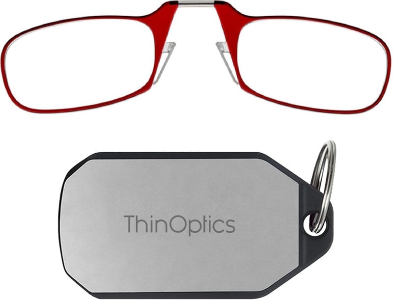 نظارات قراءة ThinOptics 1.00 بإطار أحمر مع علبة مفتاح - نظارات مستطيلة قابلة للطي - مشبك على الأنف - قوة 1.00 بتقنية Flex-Fit